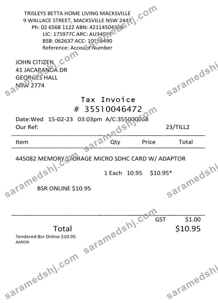 USA Trisleys Betta Home tax invoice Word and PDF template